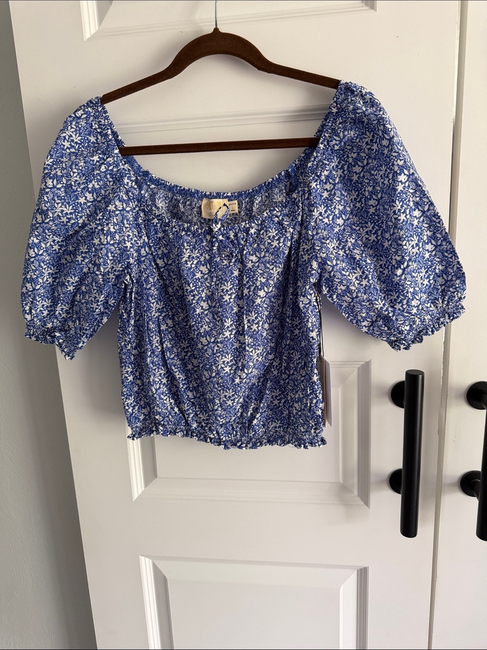 Anthro Nation Los Angeles Blue Floral Puff-Sleeve Peasant Top - Women large